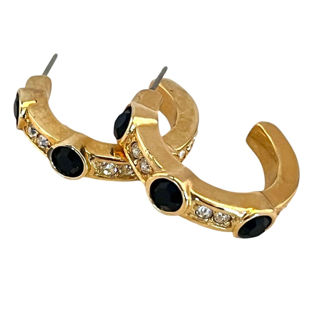Vintage 1980s Hoop Earrings Black Clear Rhinestone Gold Tone - 9M